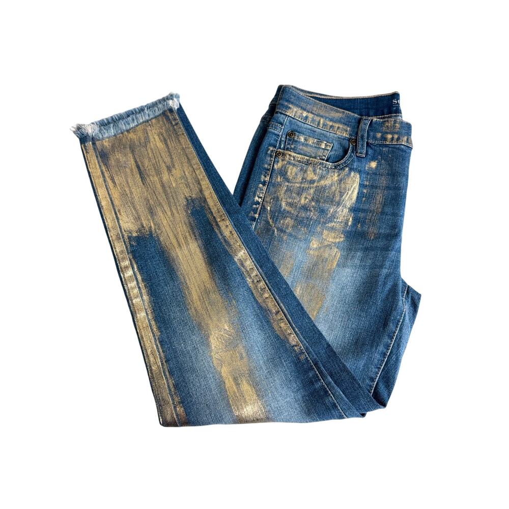 New York & Co Soho Gold Painted jeans boyfriend stretch raw hem Sz 4 NWT